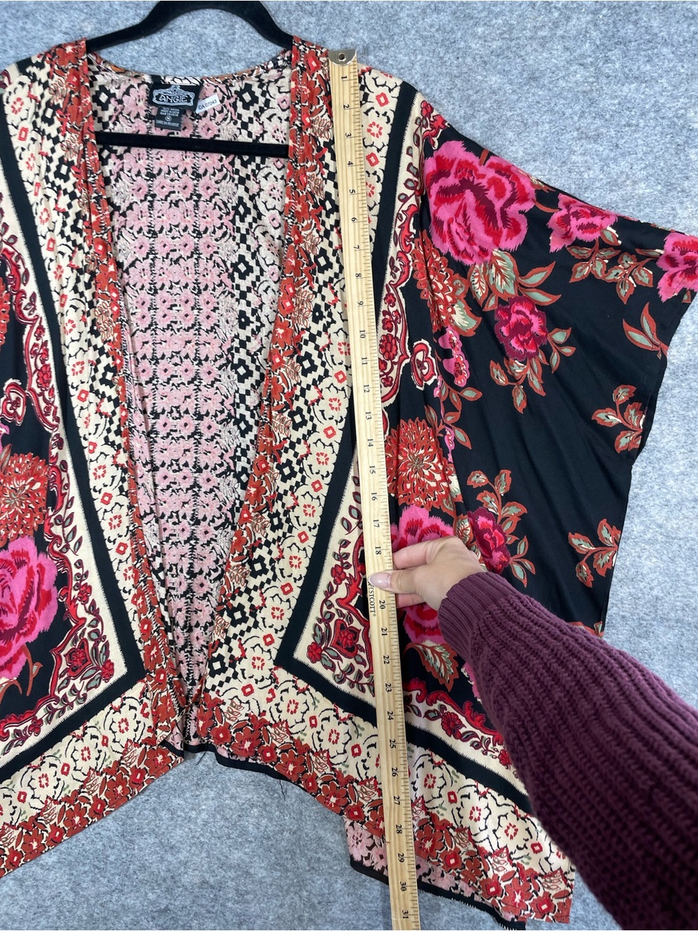 Angie Floral Boho Kimono Cardigan Black Pink Festival Resort Layering Size M - Picture 8 of 14